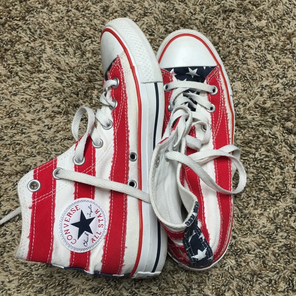 Red, white, and blue Stars and Stripes converse